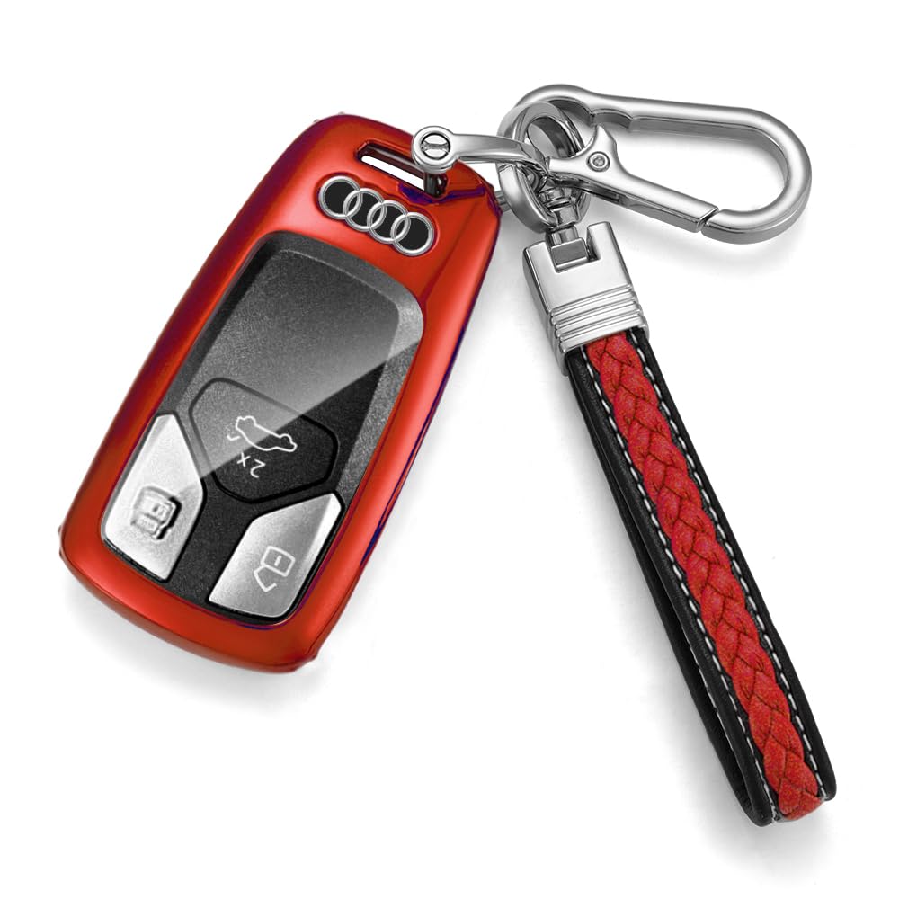 Tpu Silicone Full Protective Car Key Fob Cover for Audi，3 Buttons Remote Control Smart Key Case with Leather Keychain, Compatible with Audi A4/A5/A6L/A7/A8/A8L/Q5/S5/S6/S7/S8,etc.-Red