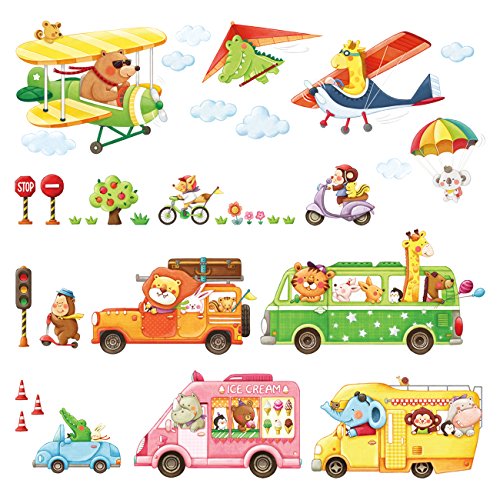 DECOWALL DAT-1806P1506C Animal Transports and Biplanes with Hang Glider Wall Stickers Kids Wall Stickers Wall Decals Peel and Stick Removable Wall Stickers for Kids Nursery Bedroom Living Room