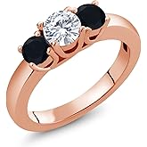 Gem Stone King 0.94 Ct Round Lab Grown Diamond and Black Onyx 3-Stone Ring for Women | 18K Rose Gold Plated Silver | 3 Stone Wedding Engagement Anniversary Promise Ring For Women