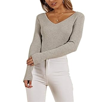 Strickpullover Oberteil Damen SummerRio Pullover Reizvolle V-Ausschnitt Oberteile Langarm Feste Rückenfreie Tops