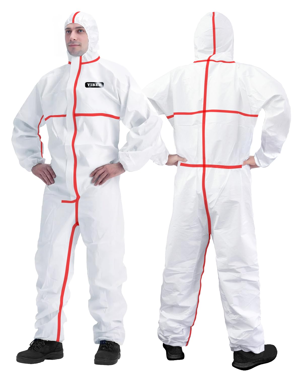 YIBER Hazmat Suit Disposable Coverall | Full Body Painters Suit in 7 Sizes with Multiple Specifications for Men & Women - Small, With Red Seal Tape, 1 Image