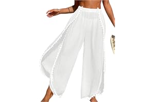 BEAUDRM Women's Bathing Suit Cover Up Pants Split Sheer Flowy Beach Elastic Waist Wide Leg Swimsuit Pants