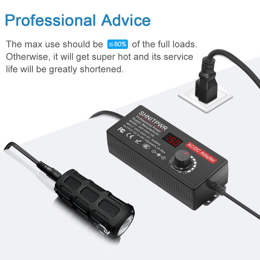 SHNITPWR Universal Power Supply Adjustable DC 24V 12V 9V 14V 19V 30V 36V AC Adapter Multi-Voltage 9V ~ 36V 3A 108W Power Adapter 100V~240V AC to DC Variable Power Converter 14 Tips 5.5x2.5mm