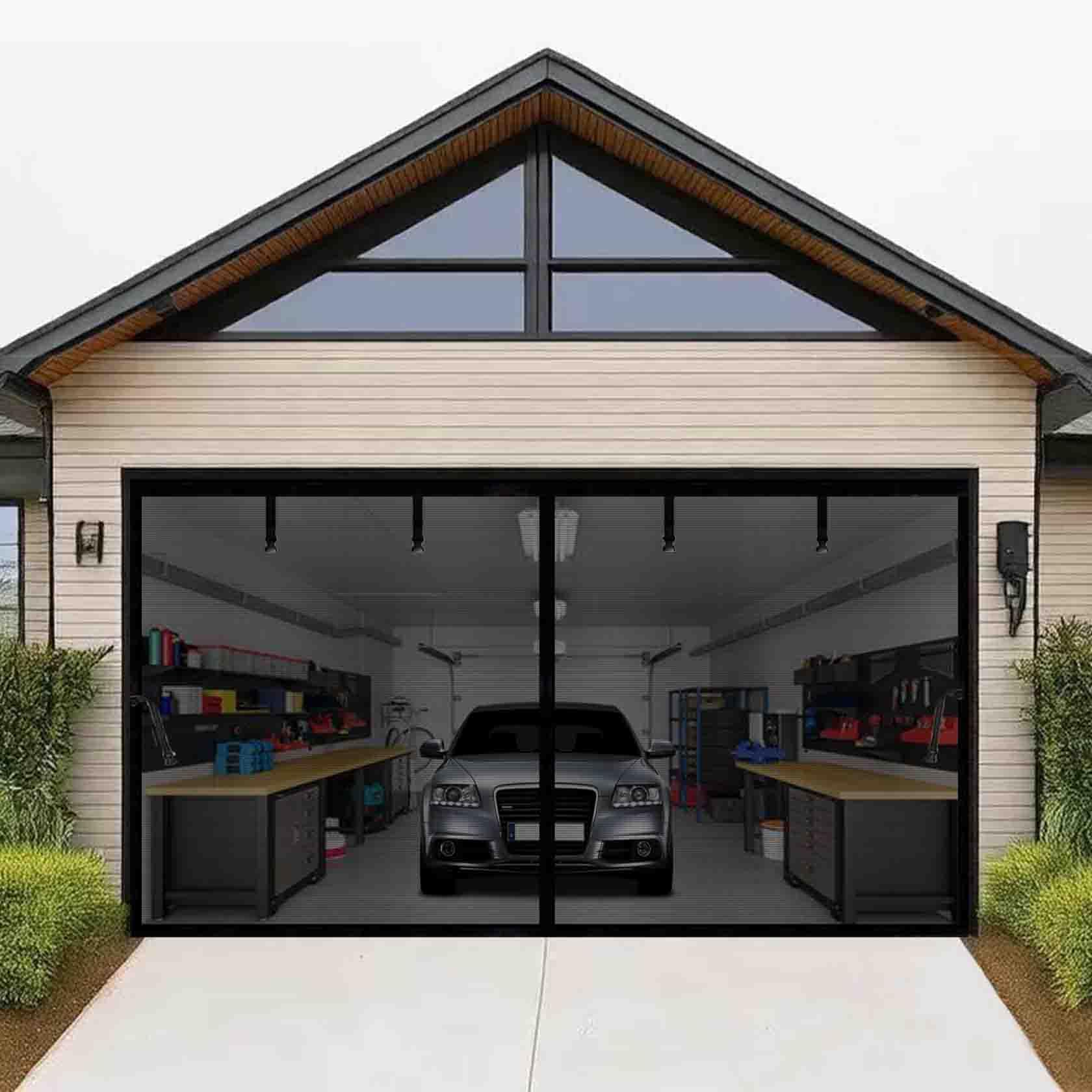 Photo 1 of Magnetic Garage Door Screen 9x9ft for 1 Car Doors Durable Fiberglass Heavy Duty Mesh Magnetic Net, Pets Friendly Retractable Carport Garage Patio Porch RV Doors Curtain (Black, 9x9ft)