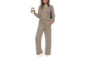 WIHOLL Two Piece Sets for Women Fall Travel Vacation Outfits Long Sleeve Lounge Sets Side Slit Wide Leg Pants S-3XL