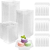 Slomg 100 Pack Mini Plastic Dessert Plates with Tasting Spoons, 2.5 Inches Small Clear Disposable Square Appetizer Trays, Reusable Party Serving Dishes for Fruit Sauce Snack Cake Ice Cream