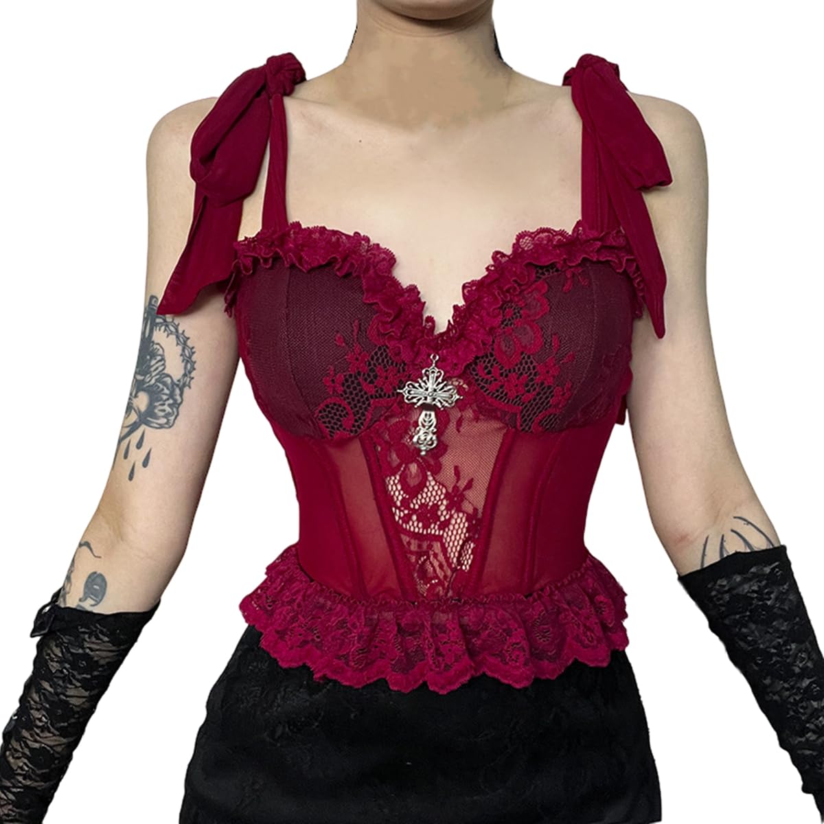 Gothic Floral Lace Women's Overbust Boned Corset Top with Sheer Mesh