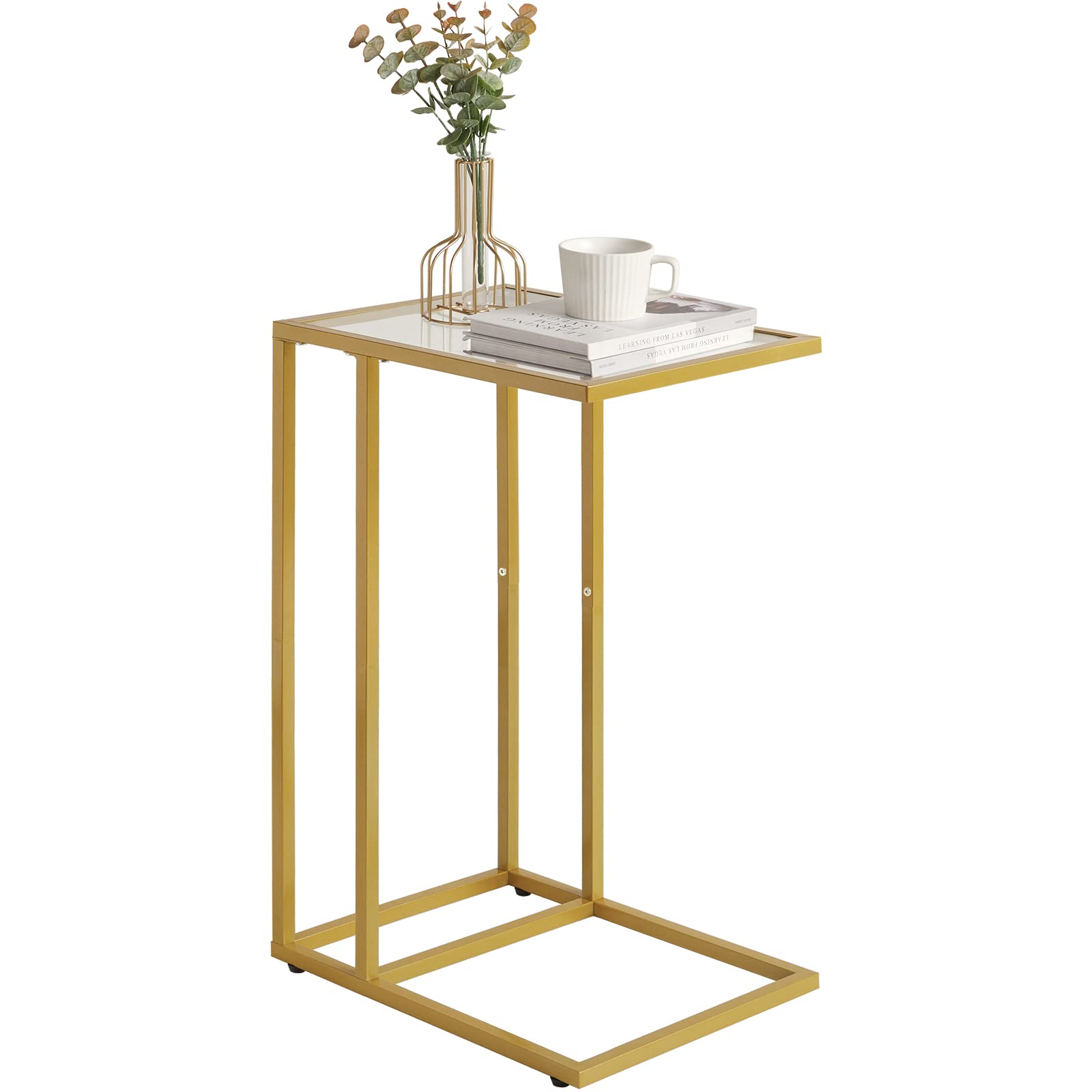 YMYNY C Shaped End Table, Tempered Glass Snack Side Table for Small Space with Metal Frame, Narrow Couch Table, for Living Room, Bedroom, Modern Style, 40×30×63CM Gold HGD001G