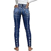 Flamingals Mid Waist Skinny Jeans for Women Butt Lifting Slim Fit Button Side Stitch Detail Trendy Denim Jeans
