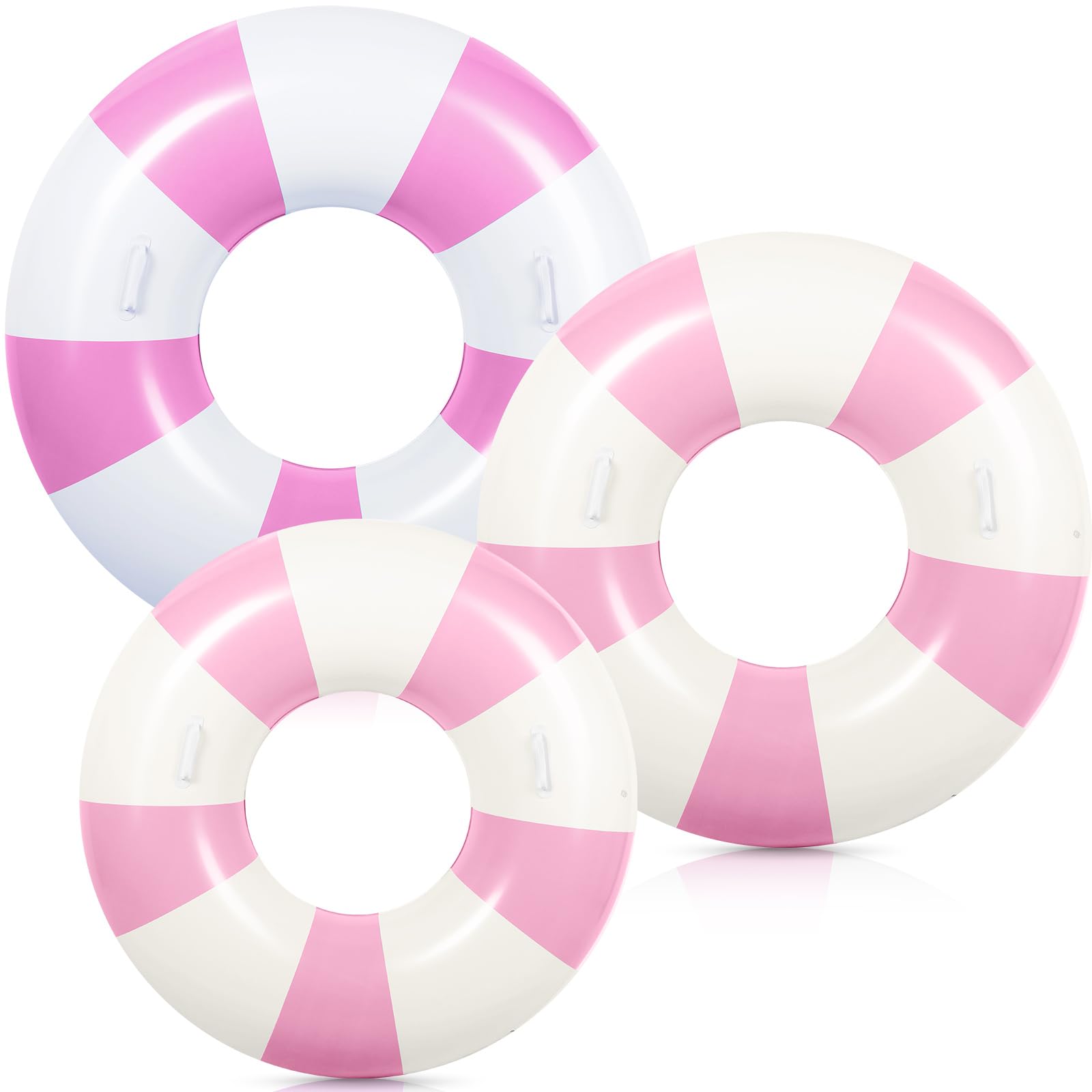 Photo 1 of WinnerWhy 3 Pcs Large Swim Ring with Handles Set 47.24" 39.37" 35.43" Inflatable Pool Inner Tube Classic Striped Pool Ring Floats for Adults Teens Summer Lounger Beach Party Supplies (Pink, White)
