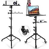 Tossbiss Laptop Tripod on Wheels with 2 Shelves | Portable Projector Floor Stand Adjustable Height 25.9 to 51.8 Inch with Phone Holder, Projector Stand
