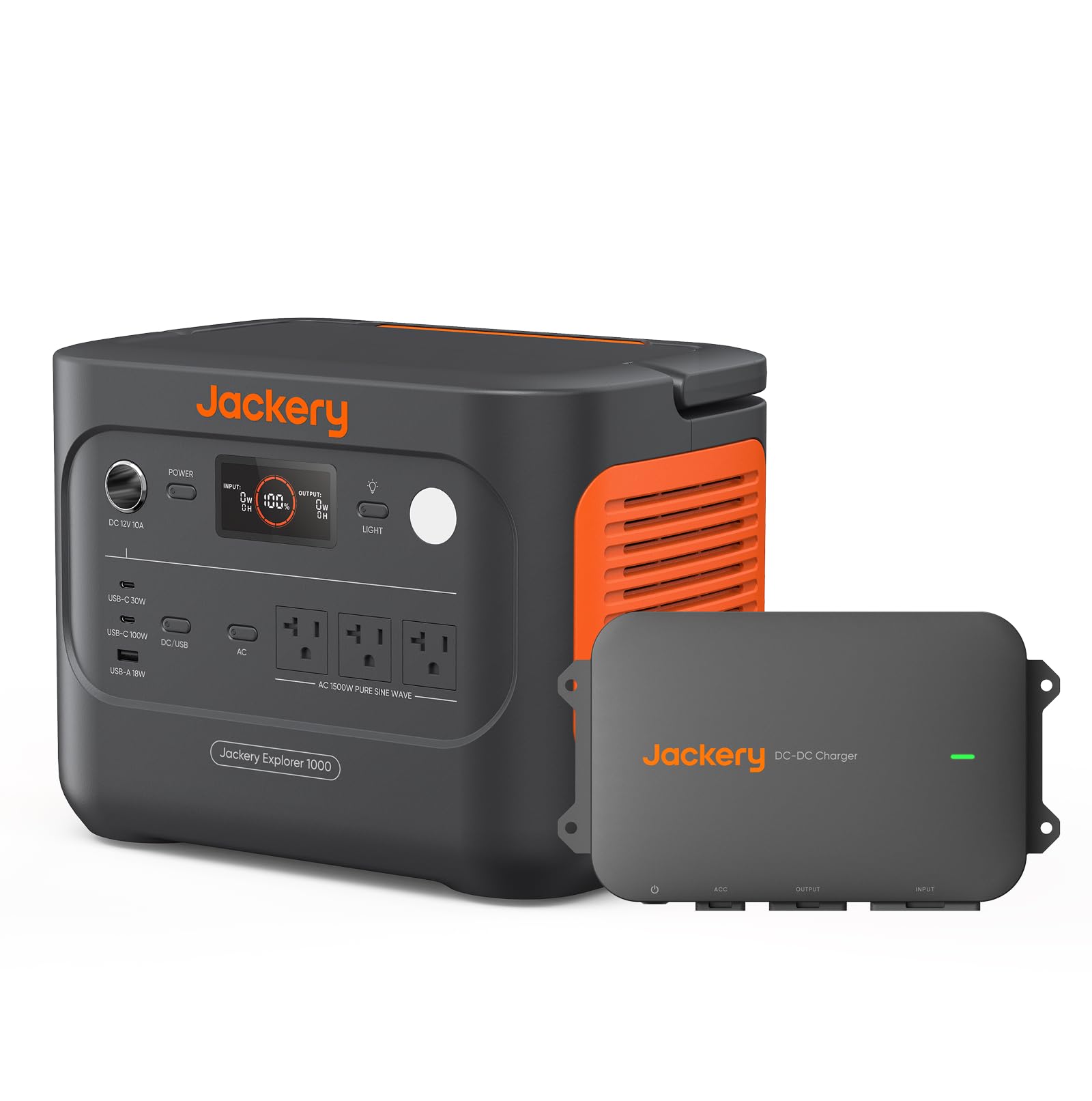 Jackery (ジャクリ) ポータブル電源 1000 New ドライブチャージャー 600W 2点セット 1070Wh 業界トップの軽さとコンパクトボディ 走行充電器 1時間満充電 リン酸鉄 10年長寿命 定格出力1500W 瞬間最大3000W 車中泊 純正弦波 AC100V 50Hz/60