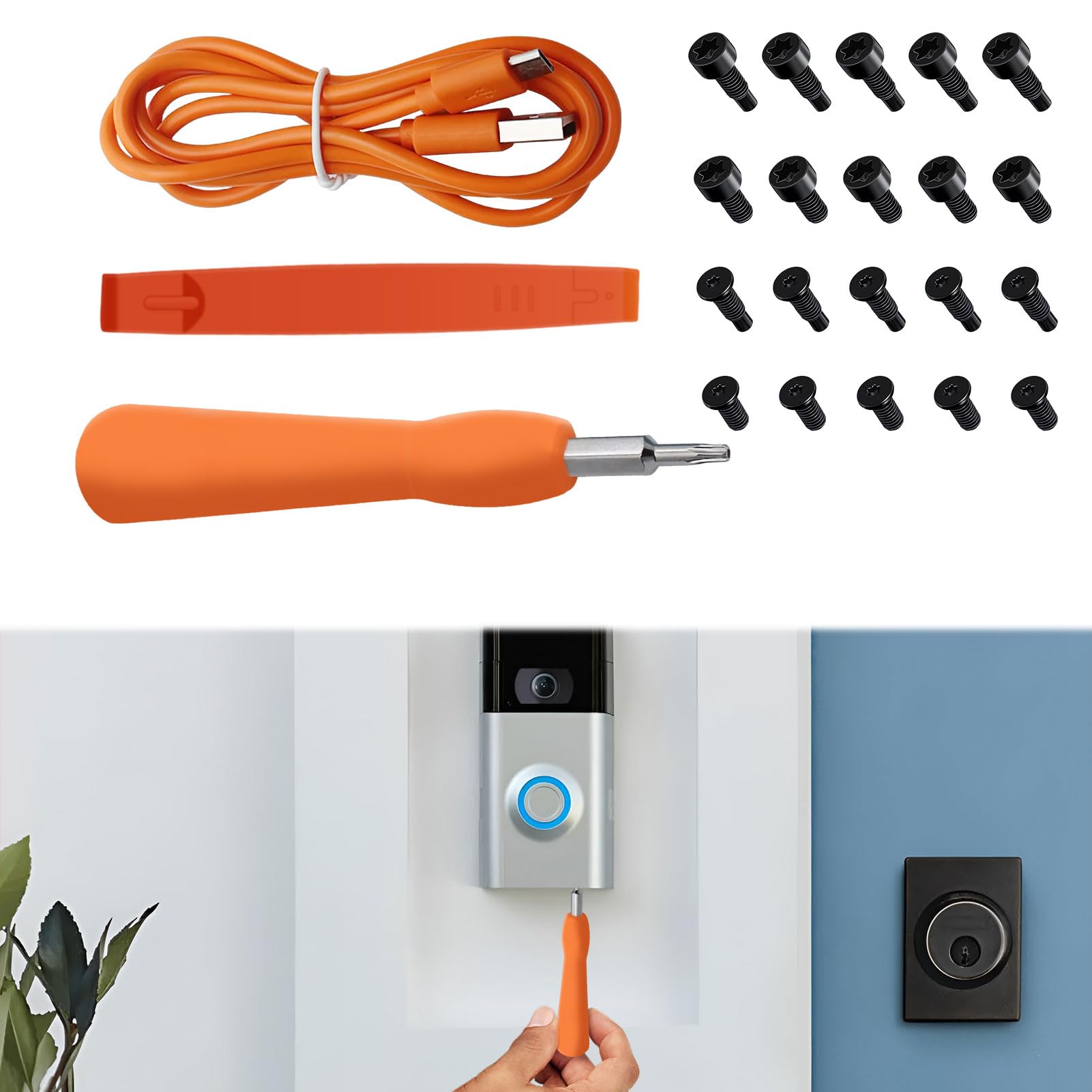 Ring Doorbell Screwdriver Replacement Kit, 1 Pcs Screwdriver with 20 Pcs Ring Doorbell Screws, 1 Pcs Ring Doorbell Charger Cable, Pry Bar, Double-Ended T6 T15 (Orange)