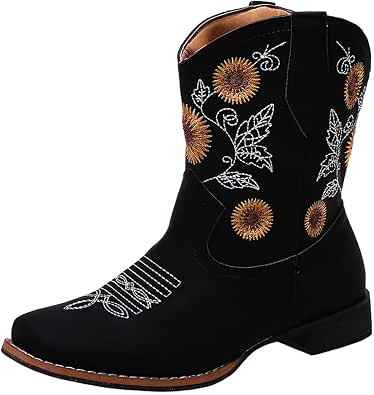 Amazon.com: Botas de vaquera retro para mujer, estilo casual, con diseño de  girasol, bordadas, cómodas, botas de ante occidental, botas de jinete :  Ropa, Zapatos y Joyería