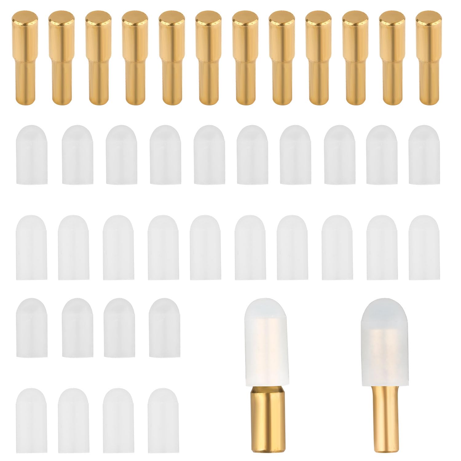 12pcs Shelf Pegs, 5mm 1/4 Inch Brass Shelf Support Pegs with 28 Anti-Slip Silicone Covers Bookcase Shelf Pins Cabinet Shelf Pegs Hardware for Bookshelf Wood Glass Boards