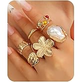 Bravace 6PCS Stacking Rings Set for Women Open Adjustable Gold Chunky Joint Knuckle Rings Vintage Thick Ring Flower Baroque Pearl Punk Statement Jewelry Gift