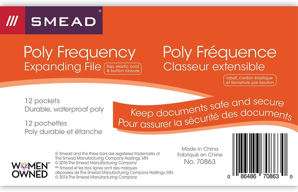 Smead Poly Expanding File Folder, 12 Pockets, 12 Customizable Tiered Tabs, Flap and Cord Closure, Letter Size, Wave Pattern Blue/Black (70863) : Expanding File Jackets And Pockets : Office Products