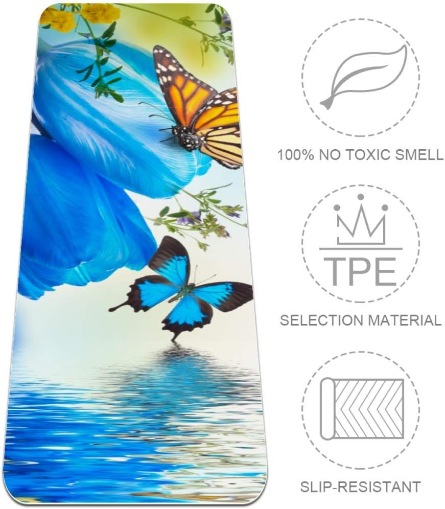 Blue Tulips With Mimosa And Butterfly Spring Background Yoga Mat 6mm Thick Non Slip Eco-Friendly Non Toxic Tear Resistance 72 inch Extra Long