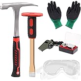 Tanstic 6Pcs Geology Rock Hammer and Chisel Kit, 30oz Hammer & 12" Digging Chisel, Whistle, Safety Glasses, Jewelers Loupe an