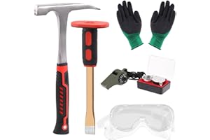 Tanstic 6Pcs Geology Rock Hammer and Chisel Kit, 30oz Hammer & 12" Digging Chisel, Whistle, Safety Glasses, Jewelers Loupe and Gloves, Rock Hounding Equipment Set for Rock Hounding Stone Breaking
