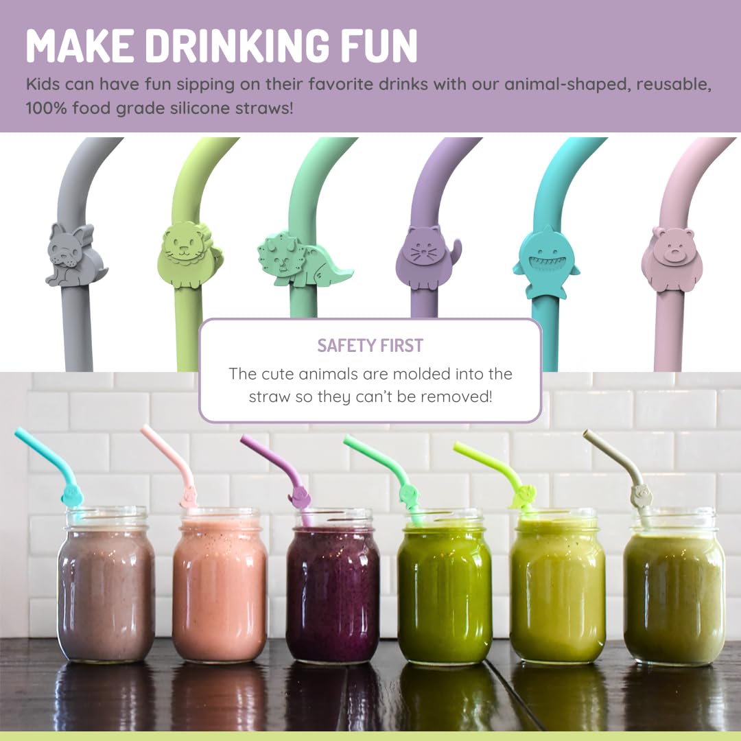 Reusable Silicone Animal Straws for Toddlers & Kids with Cleaning Brush – BPA Free, Dishwasher & Microwave Safe (6 Straws)