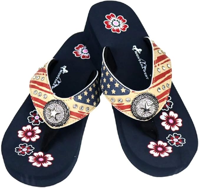 MW America Flag Womens Flip Flops Western Rhinestone Star