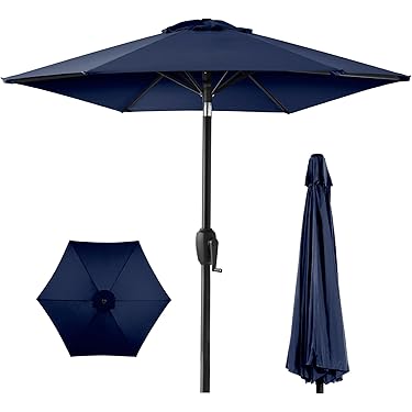 cotton canvas patio umbrella 10' Round Sunbrella Canvas Navy Blue Outdoor Patio Umbrella with Black Metal Frame