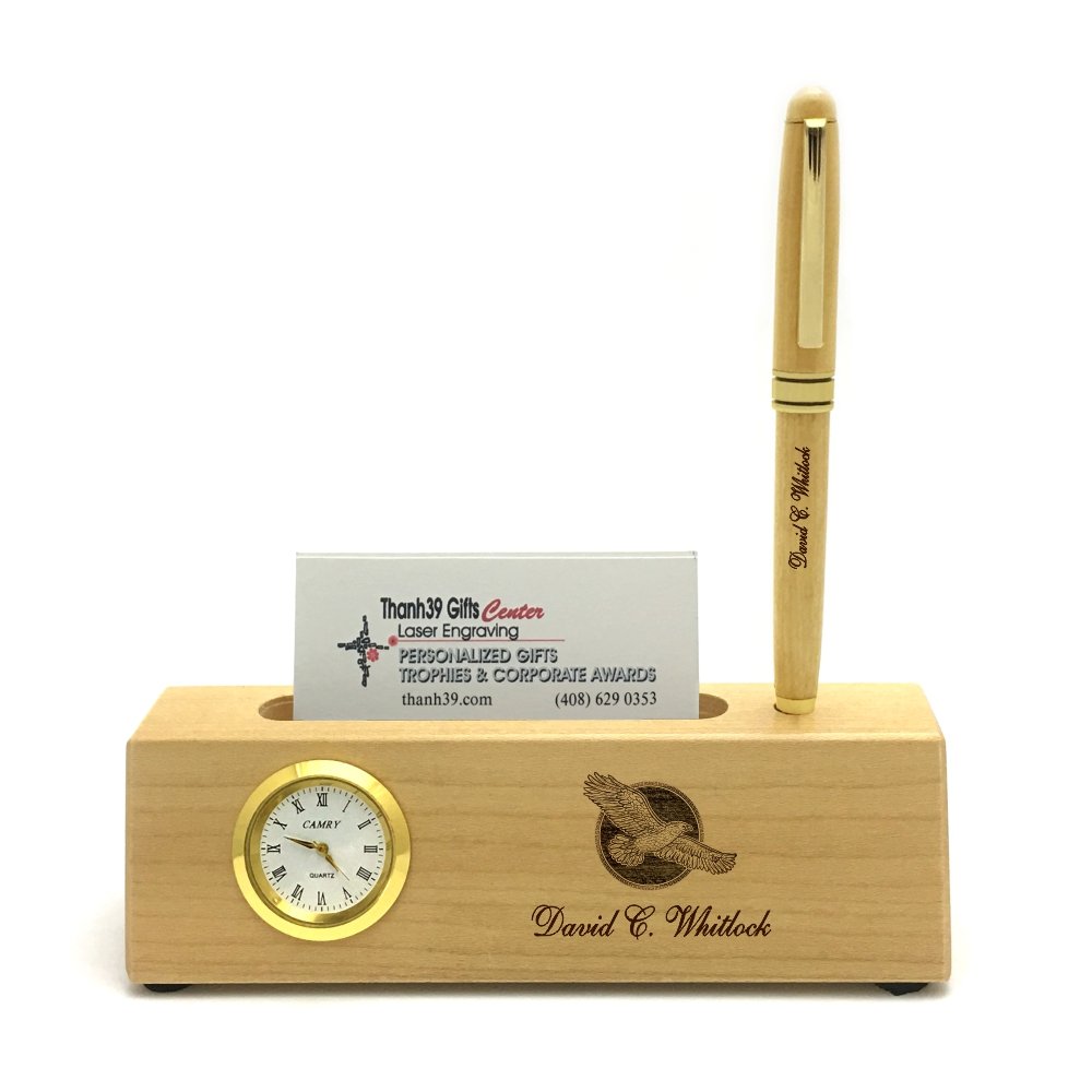 Personalized Solid Maple Wood Business Card Holder with Clock and Pen for Men
