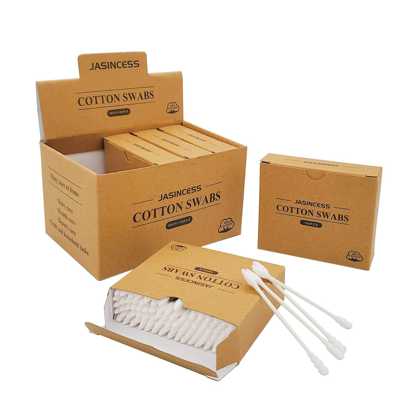 JASINCESS 500 Count Cotton Buds Natural Double Tipped Cotton Buds with Paper Sticks Multifunctional Sanitary Buds Paper packaging (Paper Stick/Pointed+Spiral Head)