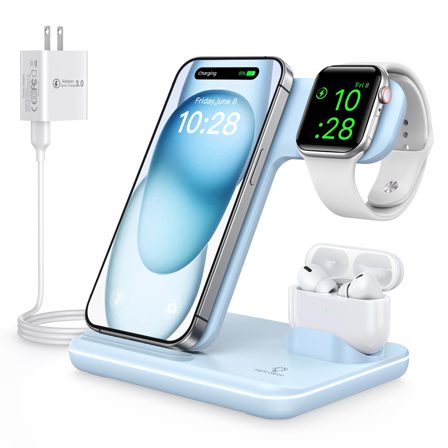 WAITIEE Wireless Charger for iPhone 17 16 15 14 13 12 11 X 8, 3 in 1 Charging Station for Apple Watch & for AirPods (Sky Blue)