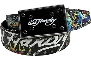 ED HARDY Men's Dragon Tattoo Print with Rivet Studs 38mm Plaque Buckle Belt