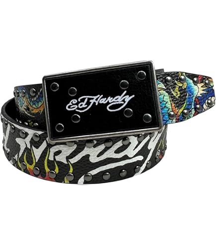 ED HARDY Men's Skull Tiger Print with Rivet Studs & D-Rings 38mm