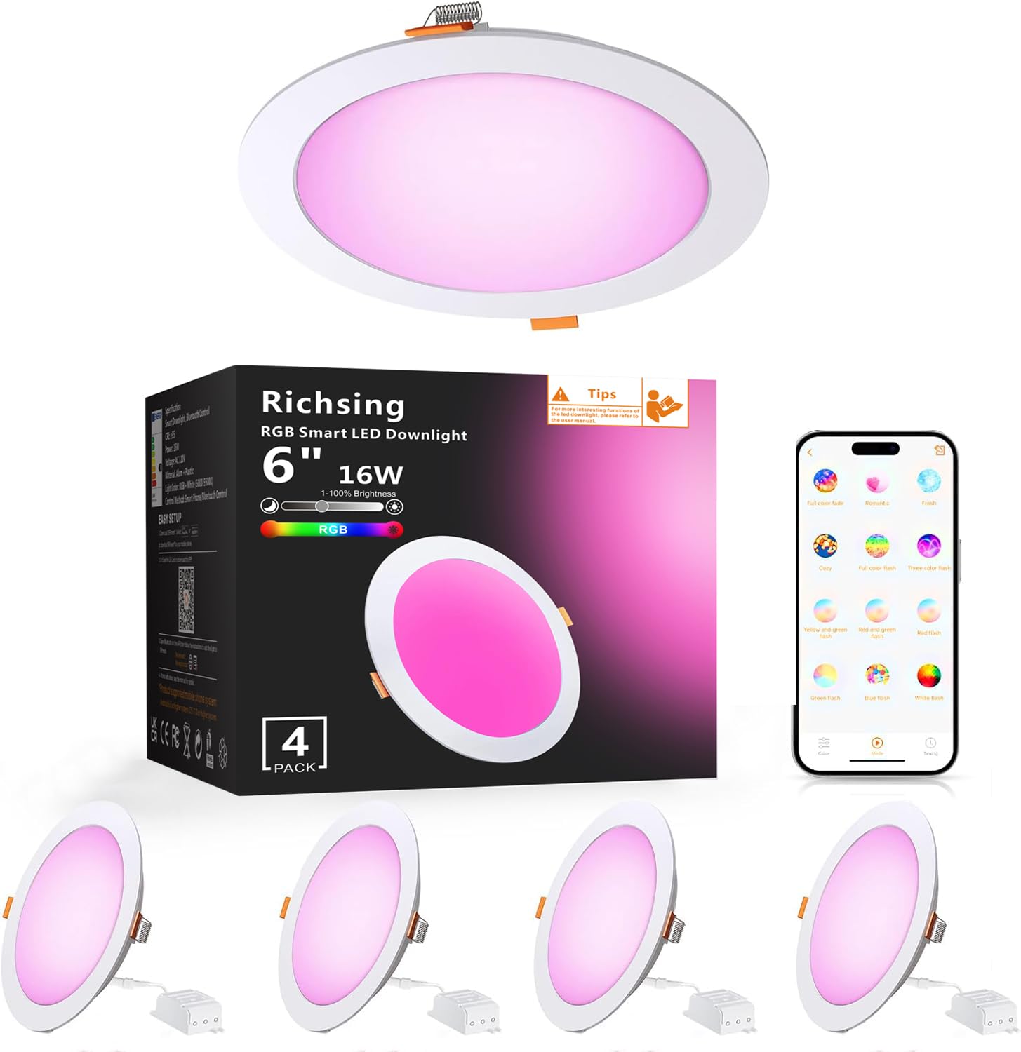 Photo 1 of Smart Recessed Lighting 6 Inch Control with APP & Alexa, 16W 5000K High Brightness Color Changing RGBW Smart Canless LED Recessed Lights Dimmable Downlight with Junction Box -4Pack