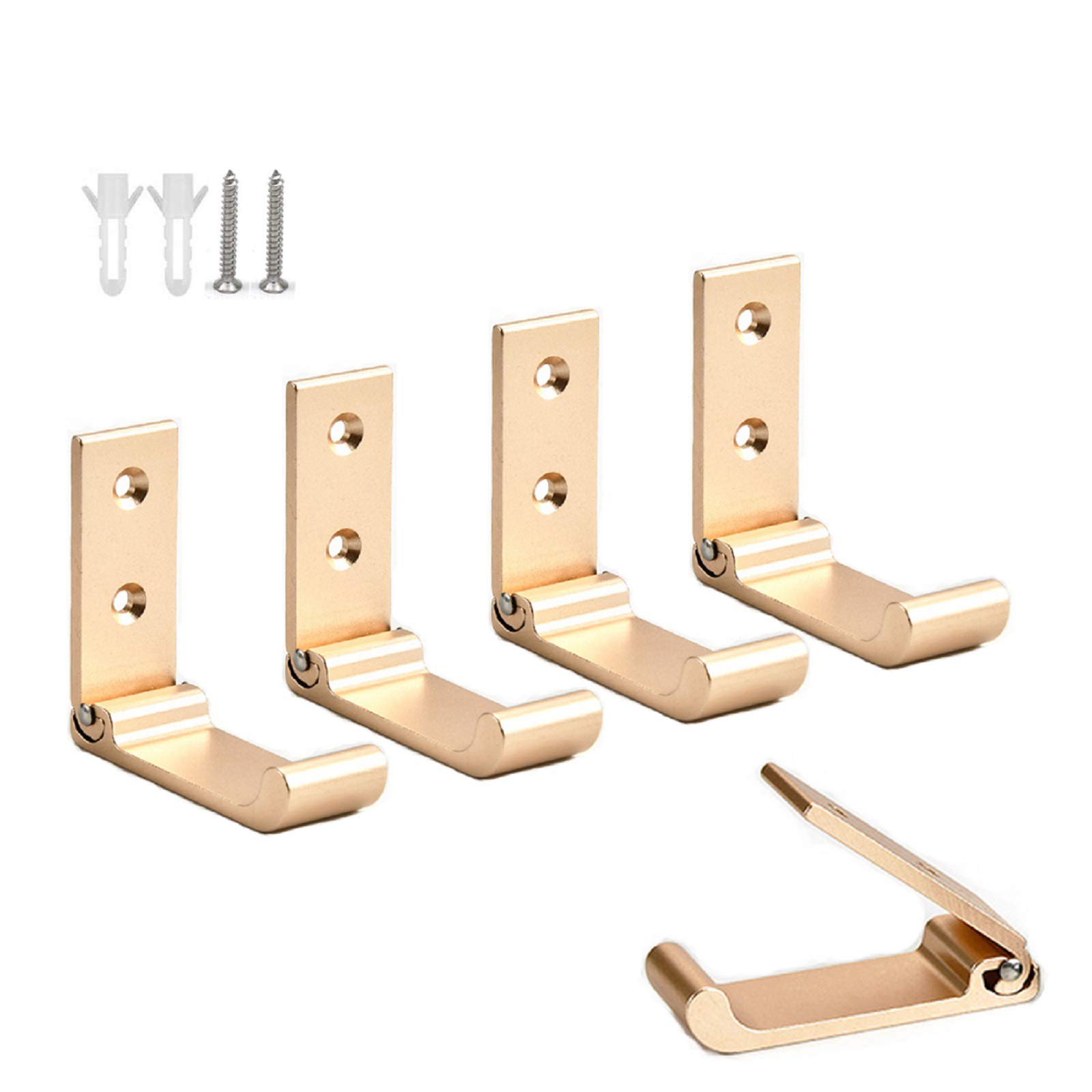 Gabriera 5-Pack Folding Aluminum Alloy Wall Mounted Coat Clothes Hook Single Foldable Wall Hanger for Bathroom Kitchen Bedroom (Gold)
