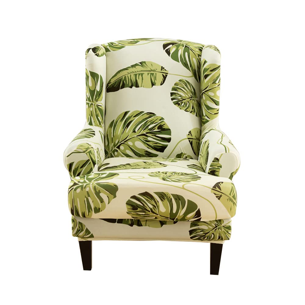 Highdi Wingback Chair Covers 2 Piece Stretch Wing Chair Slipcover, Washable Spandex Fabric Sofa Cover Furniture Protector for Armchair Chairs Living Room Bedroom Hotel (Turtle Leaf)