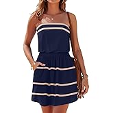 SAUKOLE Summer Dresses for Women Bandeau Strapless Smocked Elastic Waist Sundress Tube Mini Dress with Pockets
