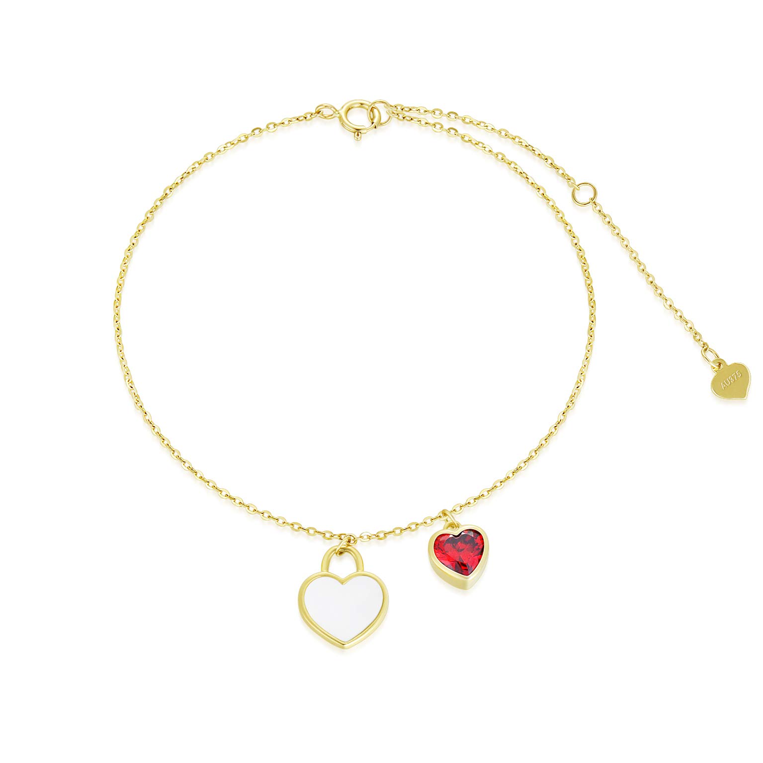 SISGEM 9 ct Gold Double Heart Bracelet, Solid Yellow Gold Heart Charm Link Bracelet with Mother of Pearl and Garnet, for Women Girls Ladies Mum Sisters, 6.5"+1"+1"