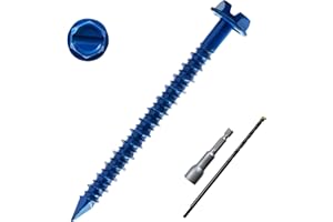 LIONMAX Concrete Screw Anchor, 100-PCS 3/16 Inch x 2-1/4 Inch Hex Head Concrete Screws for Masonry Stucco Brick or Cement, Diamond Tip, Rust Resistant Blue Coated, 1 Hex Socket and 1 Drill Bit