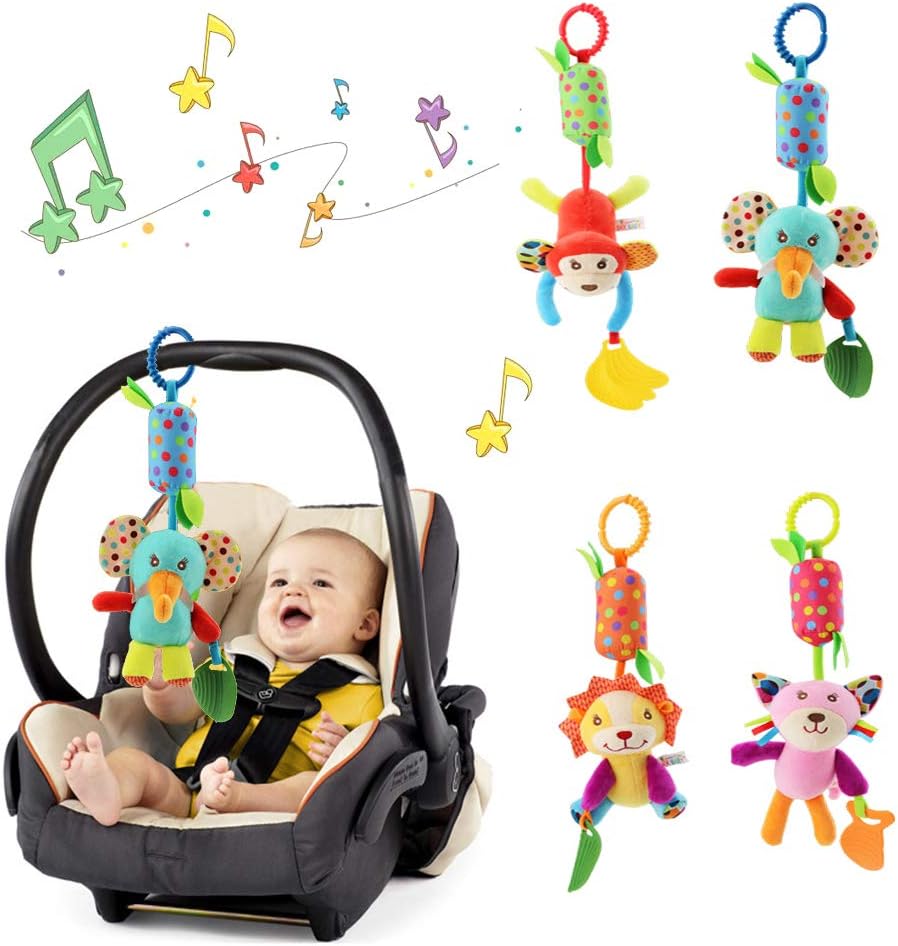 Baby Hanging Rattles Toys, Newborn Crib Toys Car Seat Stroller Toys for Infant, Colorful Animal Bell Soft Baby Sensory Rattles Toys with Teether for Babies Boys and Girls 3 6 9 to 12 Months(4 Pack): Toys & Games