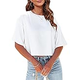 Tankaneo Women Half Sleeve Cropped T-Shirts Drop Shoulder Round Neck Crop Tops Casual Summer Solid Color Basic Tees