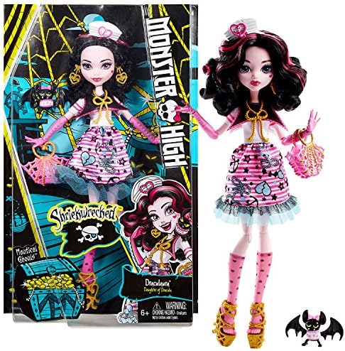 Mattel Year 2016 Monster High Shriekwrecked Nautical Ghouls Series 11 Inch Doll Set - Daughter of Dracula DRACULAURA with Pet Count Fabulous and Purse