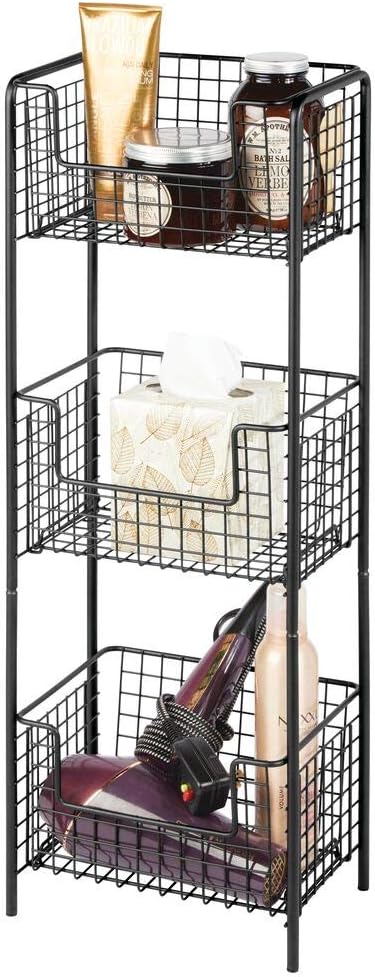 mDesign 3 Tier Vertical Standing Bathroom Shelving Unit, Decorative Metal Storage Organizer Tower Rack Center with 3 Basket Bins to Hold and Organize Bath Towels, Hand Soap, Toiletries - Black