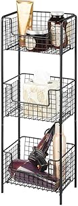mDesign 3 Tier Vertical Standing Bathroom Shelving Unit, Decorative Metal Storage Organizer Tower Rack Center with 3 Basket Bins to Hold and Organize Bath Towels, Hand Soap, Toiletries - Black