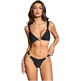 OYOANGLE Women's 2 Piece Triangle Bikini Set Ring Linked High Cut Bathing Suits Swimwear