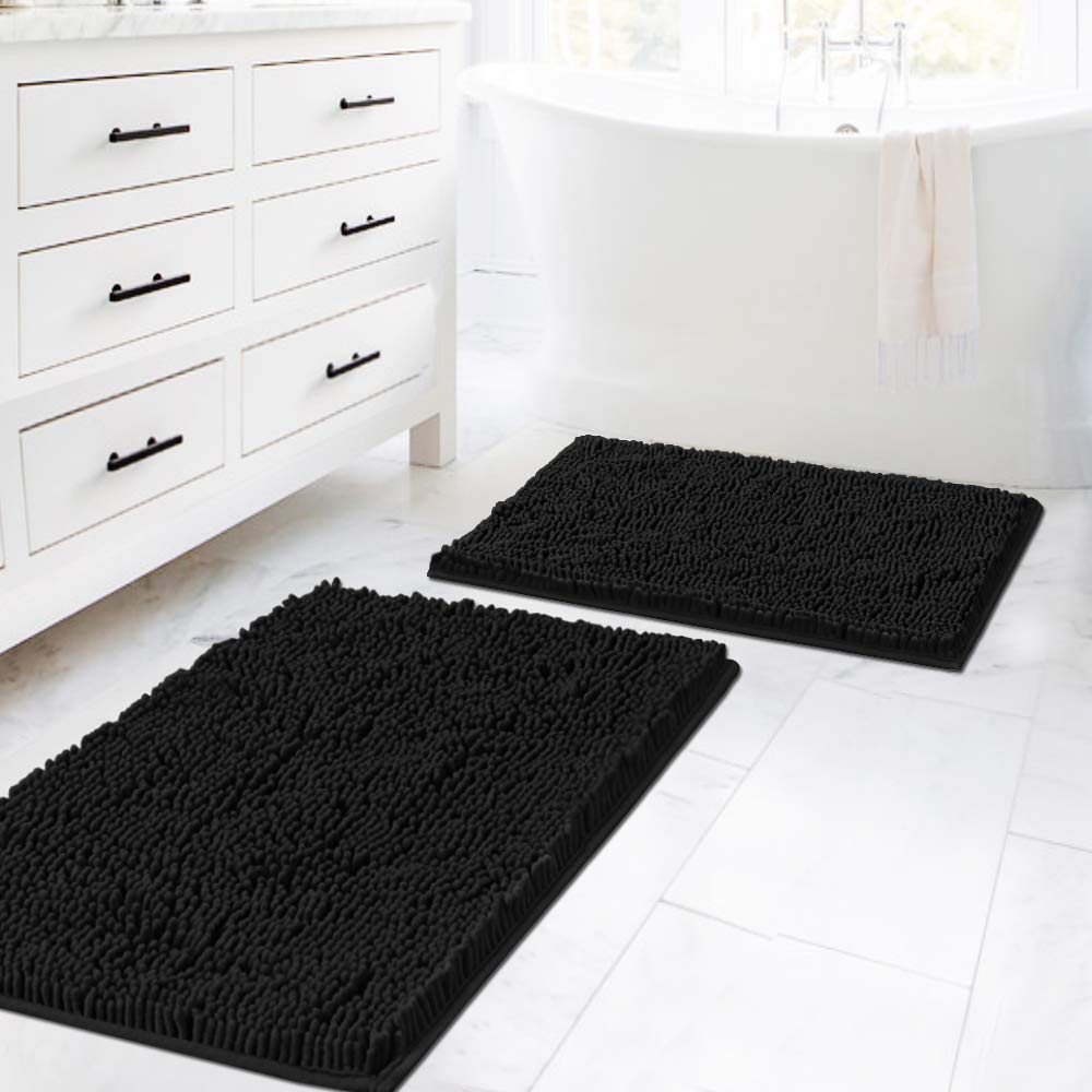 Photo 1 of ***(HEAVILY USED/ MINOR DAMAGE)***H.VERSAILTEX Black Bathroom Rug Set 2 Piece, Bath Mats for Bathroom Floor, Super Thick Soft Shaggy Chenille Bath Mats Machine Washable, Dry Fast Water Absorbent Bath Mats(20" x 32"/17" x 24")