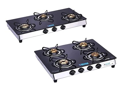 Milton Sapphire 3 Burner & 4 Burner Black Glass Top Stainless Steel Frame Gas Stove (Pack of 2)