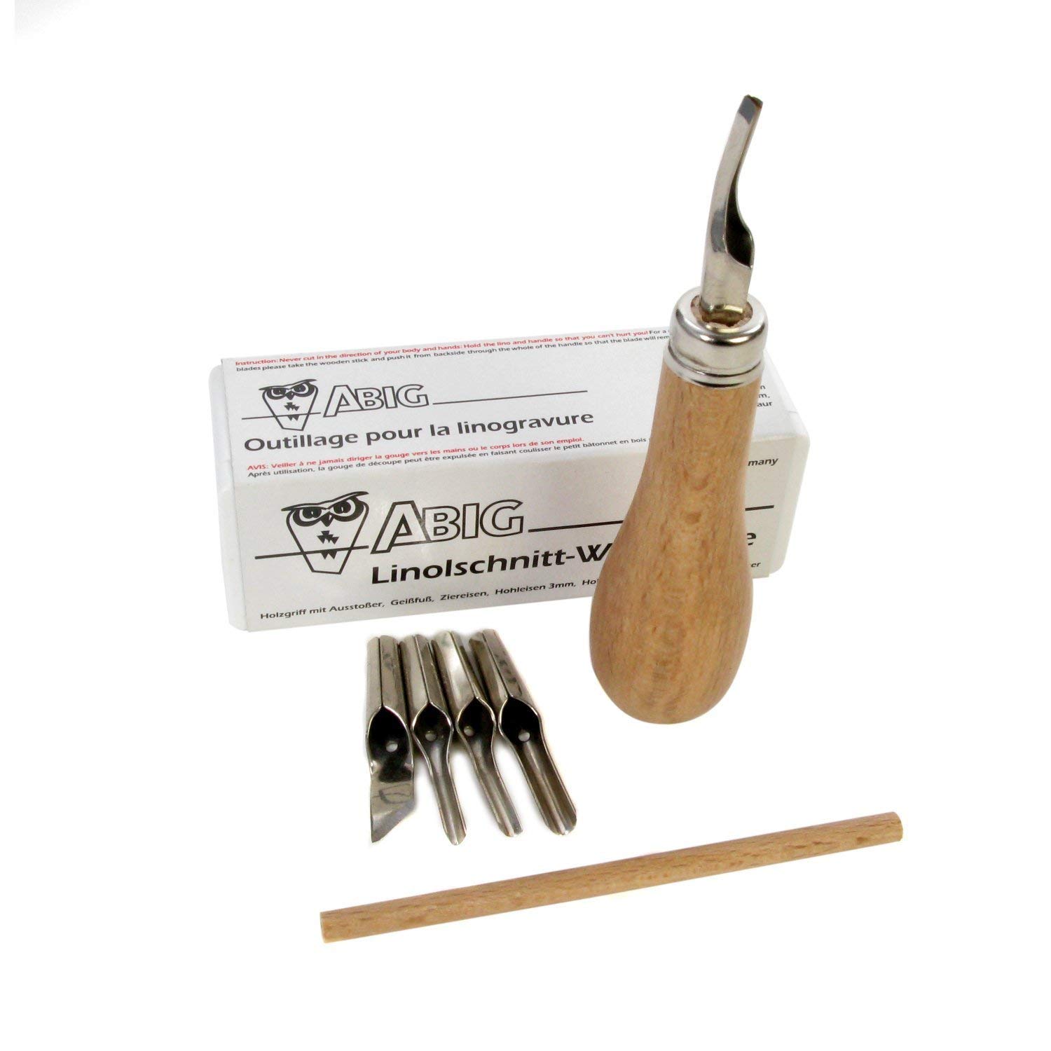 ABIG Lino Cutting Tools – Ideal for Relief Printmaking – 5 Assorted Cutting Nibs and Ergonomic Wooden Handle in Plastic Storage Box