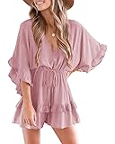 ValphsioWomens V Neck Beach Romper Ruffle Layered Drawstring Waisted Shorts Jumpsuit