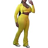 Mintsnow Women 3 Piece Sweatsuit Outfits Sets Long Sleeve Zipper Jacket Crop Tops and Long Flare Pants Set Workout Tracksuit