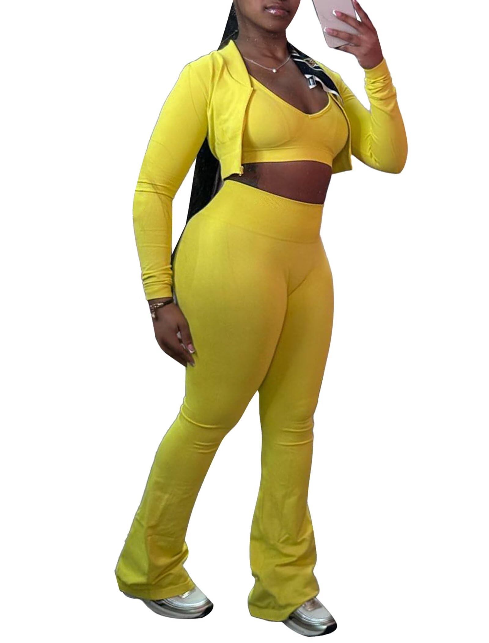 Photo 1 of Women's 3 Piece Workout Sets Sexy Tank Top Long Sleeve Zipper Crop Jacket Long Flare Pants Workout Set Clubwear Yellow S